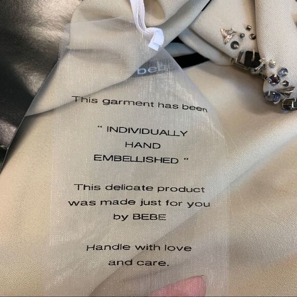 BEBE beige hand beaded one shoulder cutout ruched mini dress Sz M NWT 🔥 - Picture 7 of 11